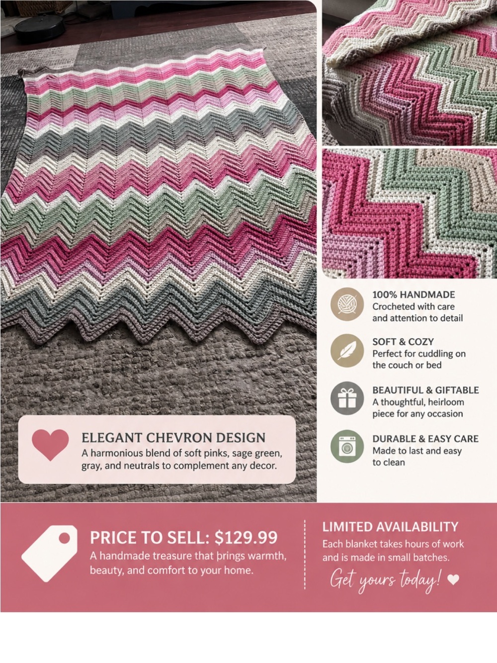 Handmade Chevron Crochet Afghan Blanket - Pink, Sage Green & Gray